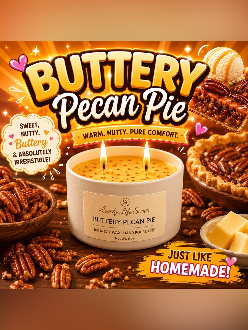 Buttery Pecan Pie 6oz Double Wick Premium Soy Candle - Lovely Life Scents